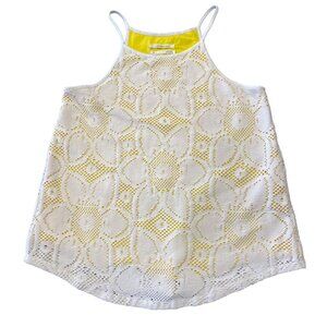 Anthropologie Sz XS Knit Tank Top yellow white crochet overlay sleeveless